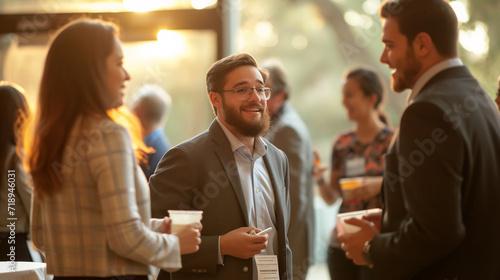 candidates interacting in a networking event, capturing natural conversations, introductions, and exchanges of contact information.