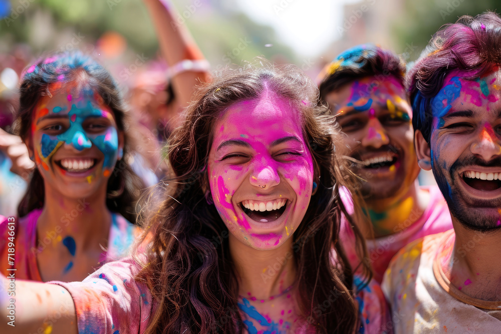 Obraz premium Festival de Holi en la India: Personas lanzándose polvo de colores en una celebración alegre