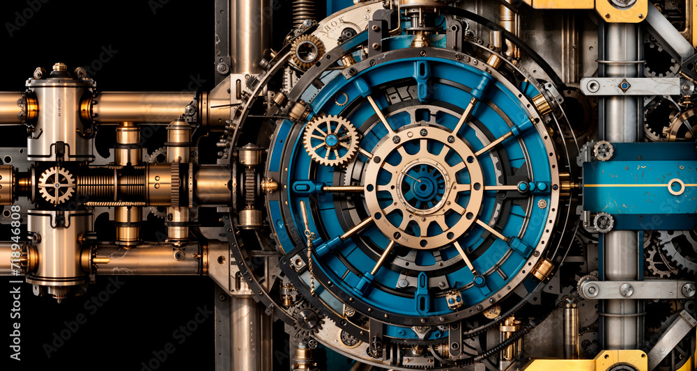 Abstract image of a mechanical device made of gears and pipes in steampunk style.