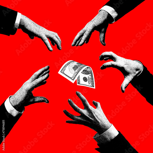 Professional competition. Hands trying to reach money on red background. Challenges for financial promotion. Contemporary art collage. Concept of financial literacy, economic, business, money