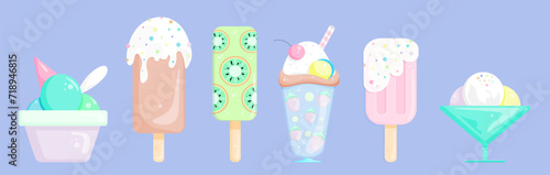 Set of different types of ice creams, cone, sundae, ice cream on stick with fruits. Vector illustration.
