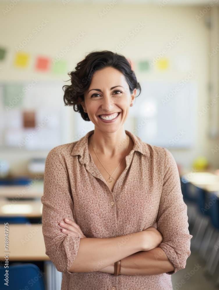 smiling teacher standing in classroom with arms crossed. smiling teacher standing in classroom with arms crossed.