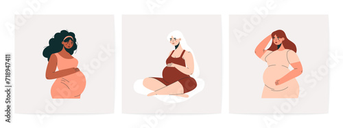 Cute pregnant women. Cartoon female characters holding belly, diverse expecting moms, maternity, motherhood and happy pregnancy concept. Flat vector set