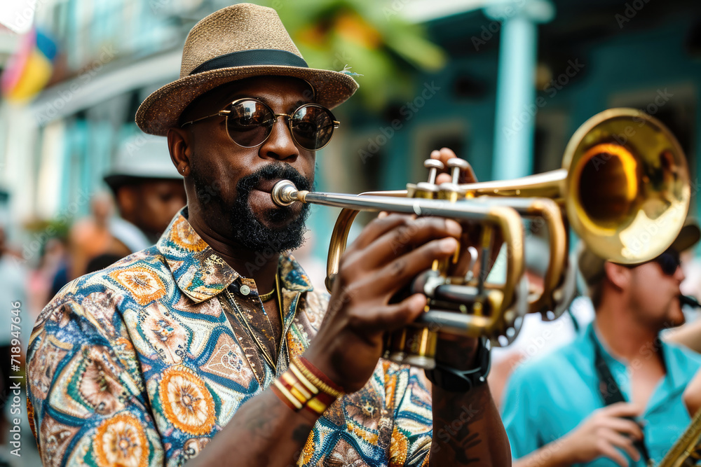 Obraz premium Festival de Jazz en Nueva Orleans: Escena de músicos en un desfile en las calles