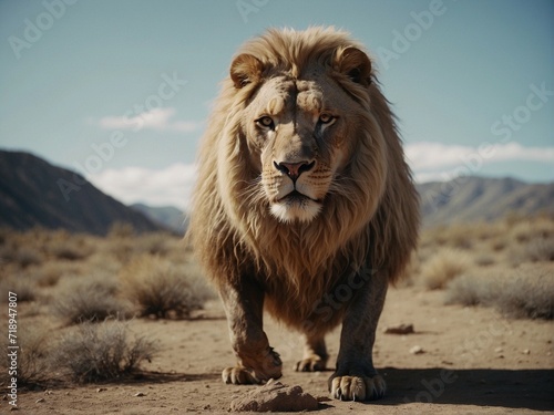 Wild mutated lion displaying majestic strength in its natural habitat and captivating beauty in a desert setting