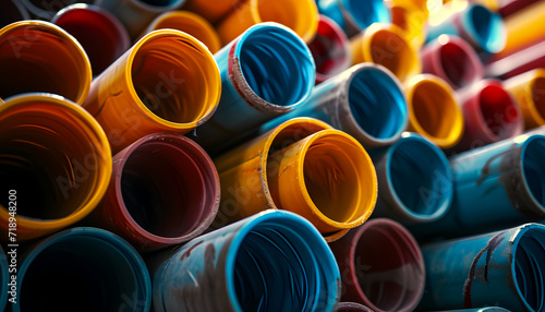 A bunch of colorful pipes stacked on top of each other. The colors are red, blue, and yellow