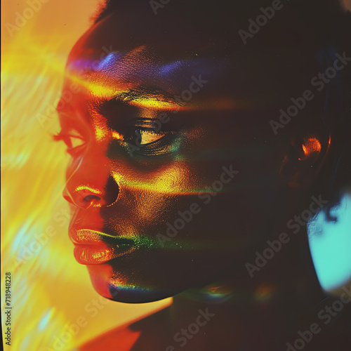 Creative portrait of an African American girl in a prism of light. Close-up.