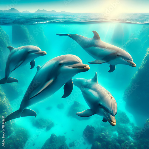 Photo of Four Dolphins Swimming Gracefully Through Shiney Waters © filicci
