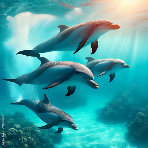 Photo of Four Dolphins Swimming Gracefully Through Turquoise Waters © filicci