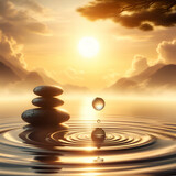 Zen-Like Tranquility with Stones, Water Drop Creating Ripples on Surface Sunny Background