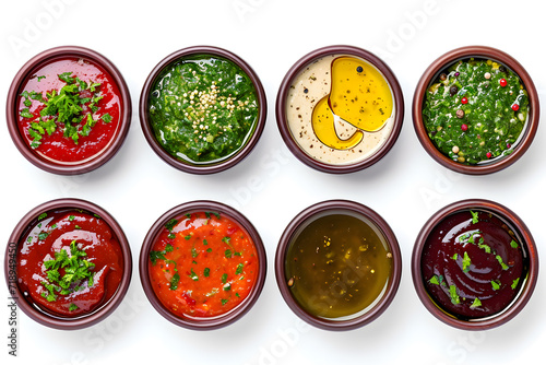 Bowls of  Various Sauces top view isolated on white Background