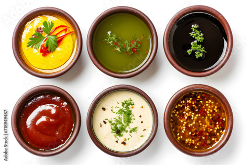 Bowls of  Various Sauces top view isolated on white Background