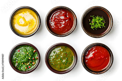 Bowls of Various Sauces top view isolated on white Background