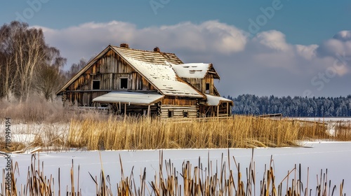 A boathouse on a frozen lake