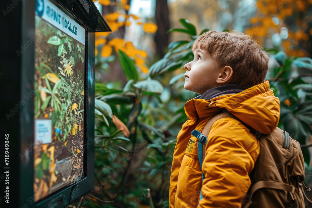 Niño leyendo un cartel educativo en un parque que destaca la importancia de cuidar el medio ambiente  - obrazy, fototapety, plakaty 