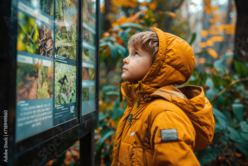Niño leyendo un cartel educativo en un parque que destaca la importancia de cuidar el medio ambiente 