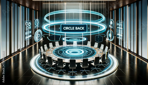Modern office space with a round conference table in the center. Digital holograms, a hovering sign displays Circle Back, emphasizing the need for review and revisiting discussions. photo