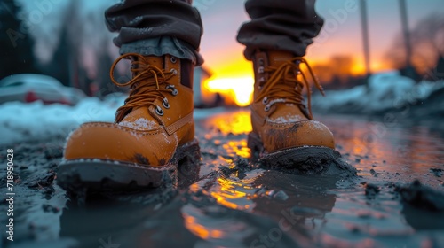 Dusk at the Construction Site: A Man in Boots Walking Towards the Job, Captured in a Wet-on-Wet Blending Art Style