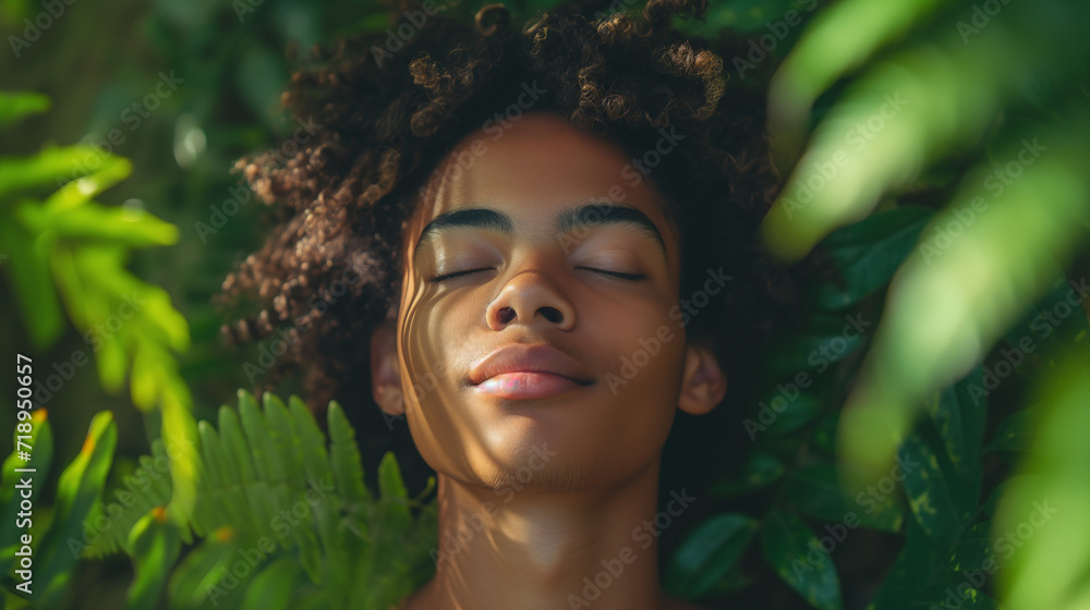Young Woman with Closed Eyes Savoring the Warmth in a Verdant Setting Young Woman with Closed Eyes Savoring the Warmth in a Verdant Setting