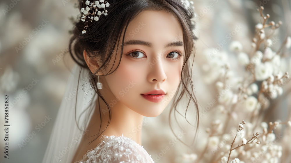 Elegant hairstyle of a young asian woman in a wedding dress.
