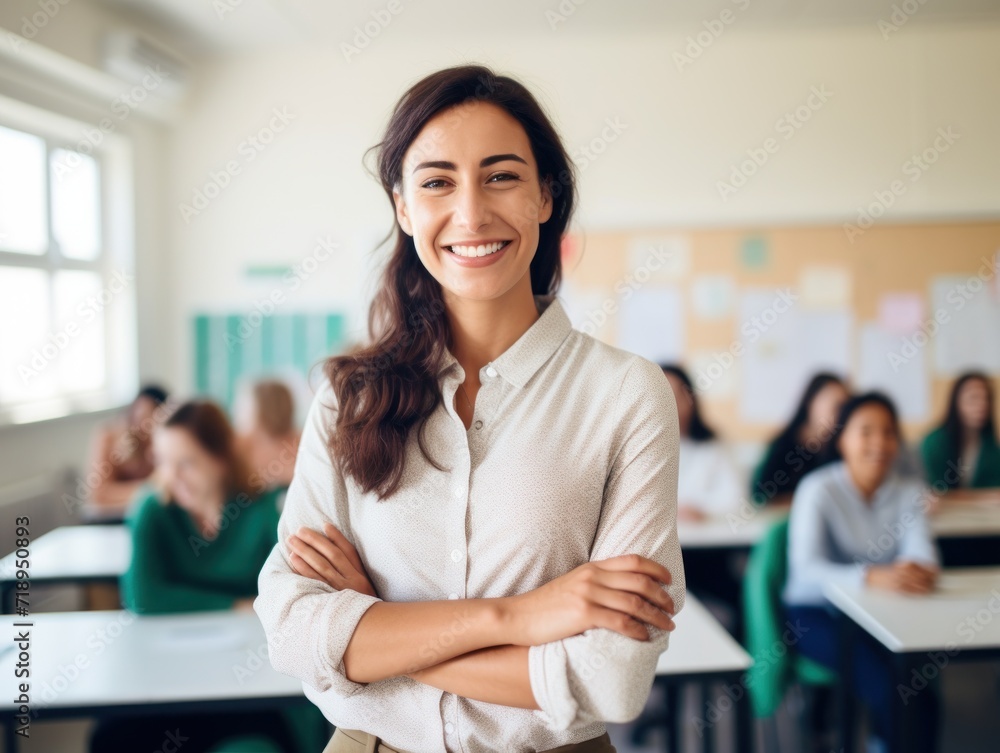 smiling teacher standing in classroom with arms crossed. smiling teacher standing in classroom with arms crossed.