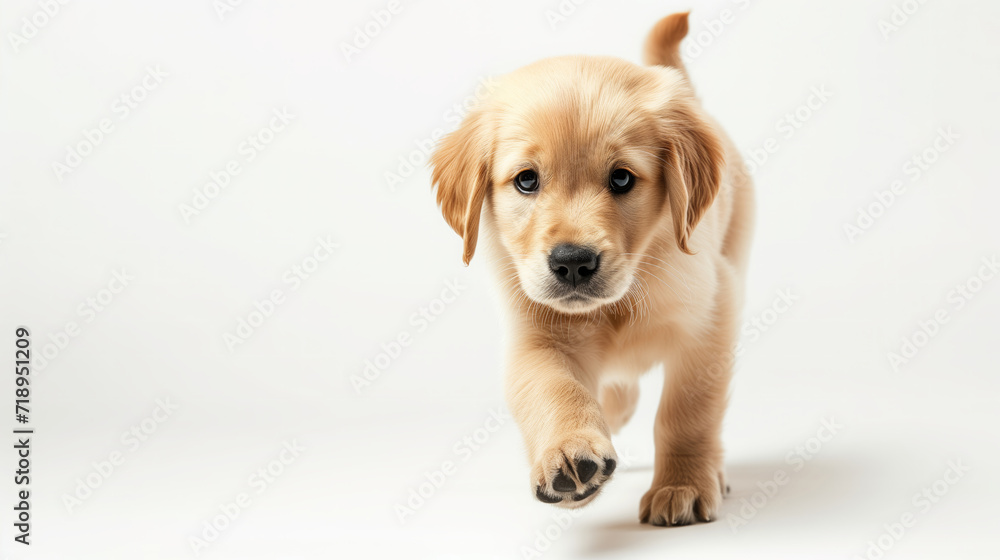 Adorable Golden Retriever Puppy Taking First Steps on White Background