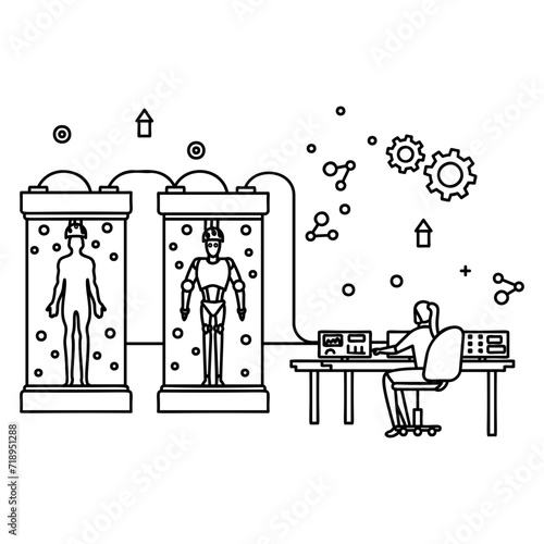 Futuristic laboratory with cryogenic capsules vector design, robotic science symbol, special purpose machine sign, cyborg illustration, Behavior Cloning and Replay of Humanoid Robot concept