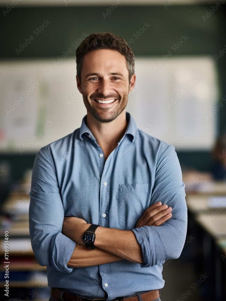 smiling male teacher standing in classroom with arms crossed. smiling male teacher standing in classroom with arms crossed.