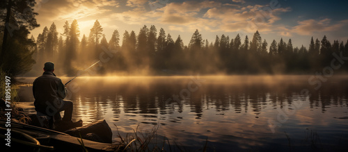 Fisherman fishing on a scenic lake at dawn banner. Freshwater angler silhouette with morning fog