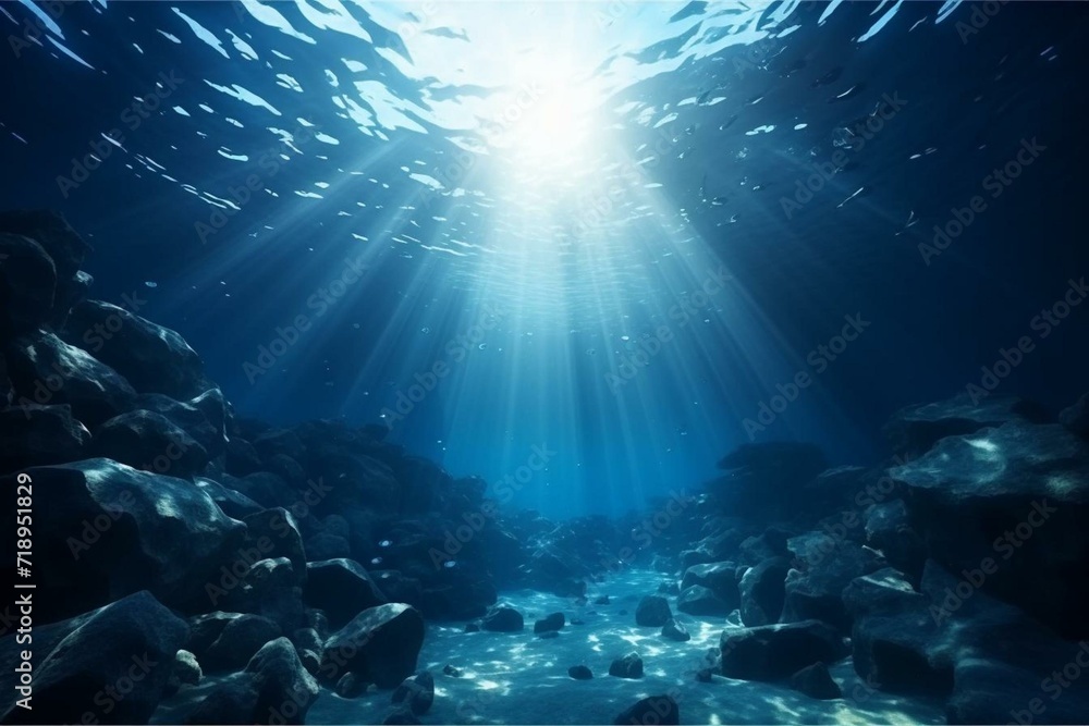 Underwater sea with deep abyss and blue sunlight. 3D concept. Generative AI