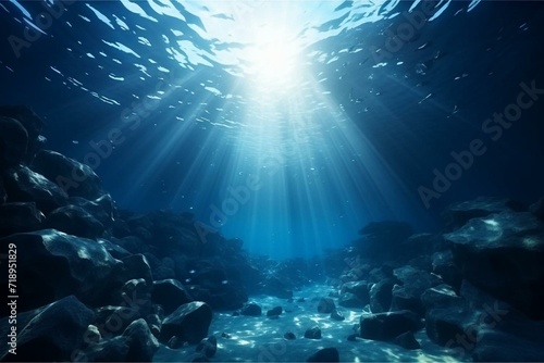 Underwater sea with deep abyss and blue sunlight. 3D concept. Generative AI © Oliver