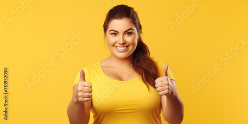 Young happy plump plus size woman showing thumbs up isolated on plain yellow background photo