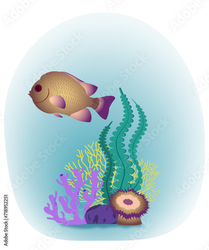 Tropical fish with underwater seaweed, shells and corals. Vector illustration.	