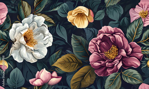 Elegant  floral design showcasing luxurious peonies and foliage in a rened color scheme  ideal for wallpaper  textile prints  and editorial backdrops