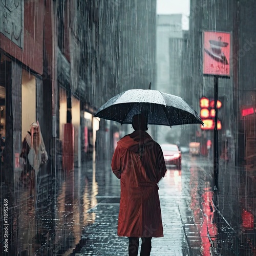Man with umbrella walk on city street on rainy day. Alone man with umbrella. Back view of stylish man in rainy weather
