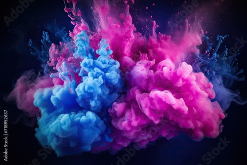 Freeze motion of blue and pink color powder exploding on black background.