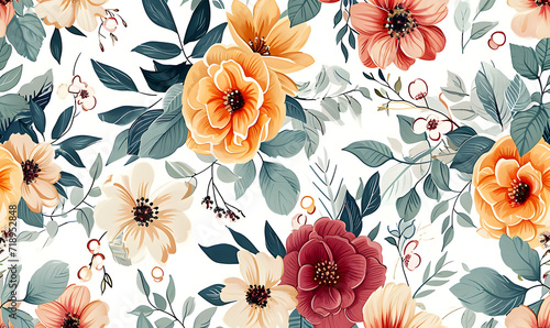 A colorful floral pattern with a mix of orange, pink, and green flowers. The flowers are arranged in a way that creates a sense of movement and depth photo