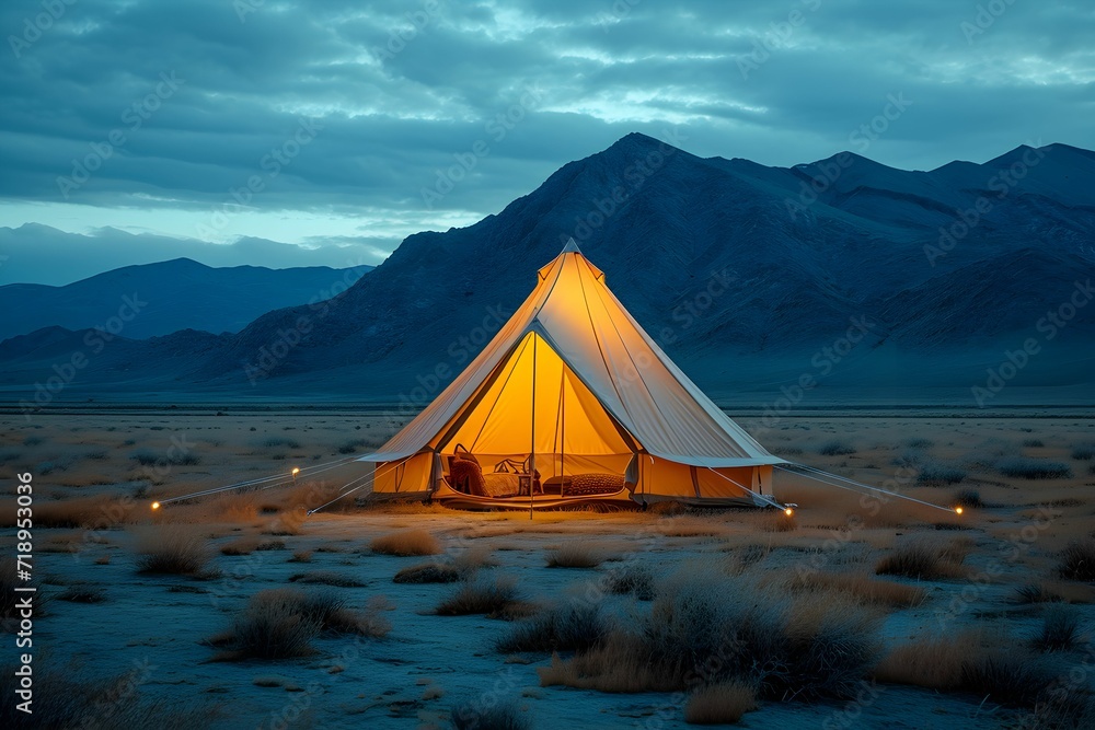 White camping tent in the mountains. Camping in the night underneath a beautiful sky White camping tent in the mountains. Camping in the night underneath a beautiful sky