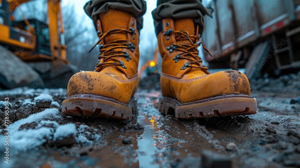 Steady Stride: Man in Robust Boots Confidently Walking Through a Bustling Construction Site Steady Stride: Man in Robust Boots Confidently Walking Through a Bustling Construction Site