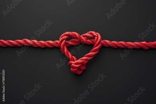 red horizontal cotton rope line with tied heart loop. Looks like medical line for heartbeat