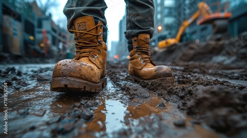 Steady Stride: Man in Robust Boots Confidently Walking Through a Bustling Construction Site