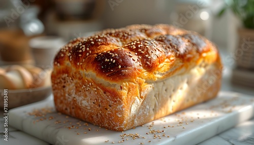 sweet bread with sesame seeds. Bread Baking. A loaf of bread on a cutting board.