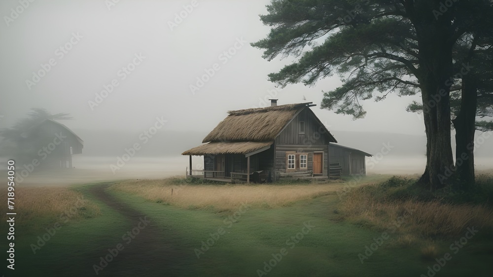 old wooden house in the mist with fog