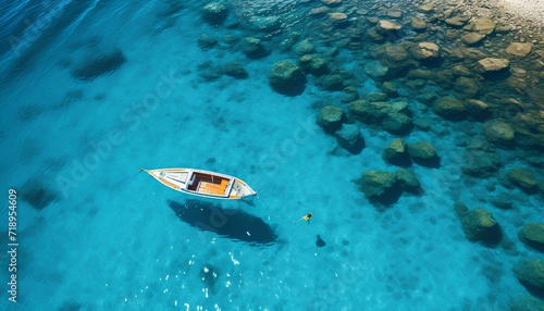 boat in the sea. boat on the water. aerial view of a boat sailing in the crystal clear sea. Boat in ocean top view. crystal blue waters and boat. boat in water bird's eye view. summer boat © Divid