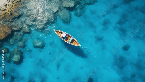 boat on the water. aerial view of a boat sailing in the crystal clear sea. Boat in ocean top view. crystal blue waters and boat. boat in water bird's eye view. summer boat