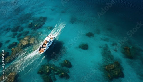 boat on the water. aerial view of a boat sailing in the crystal clear sea. Boat in ocean top view. crystal blue waters and boat. boat in water bird's eye view. summer boat