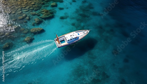 boat on the water. aerial view of a boat sailing in the crystal clear sea. Boat in ocean top view. crystal blue waters and boat. boat in water bird's eye view. summer boat © Divid