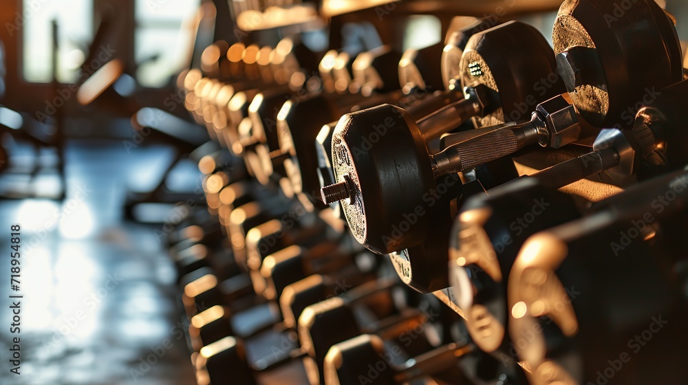 Fototapeta premium Fitness gym health club room closeup of heavy free dumbbells weights banner panorama background. copy space for text.