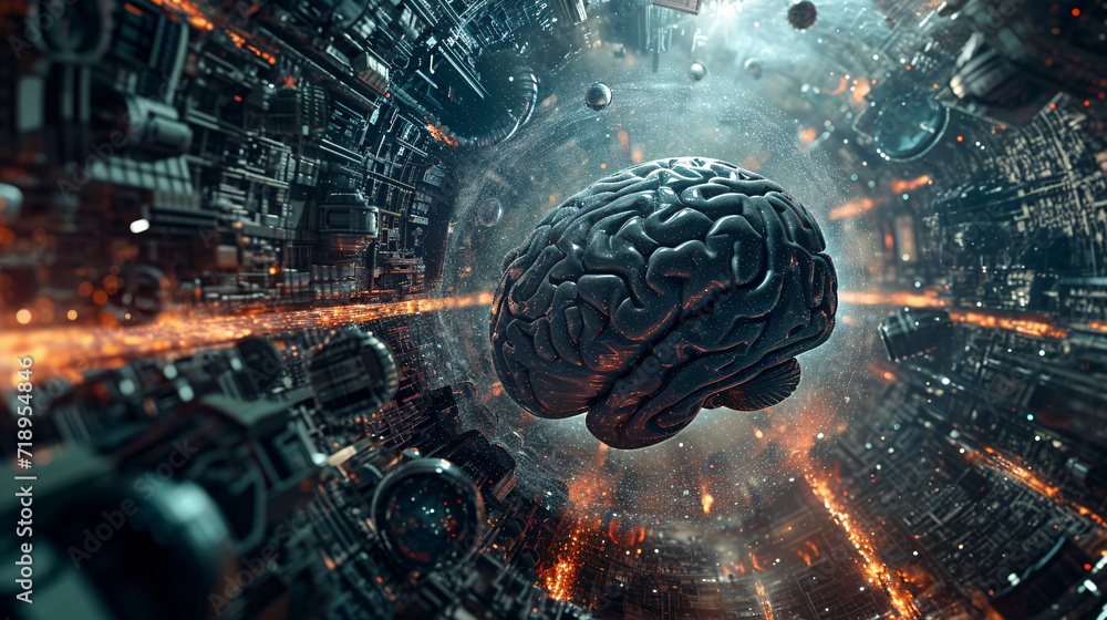 Brain neural network with futuristic machines. Brain neural network with futuristic machines.