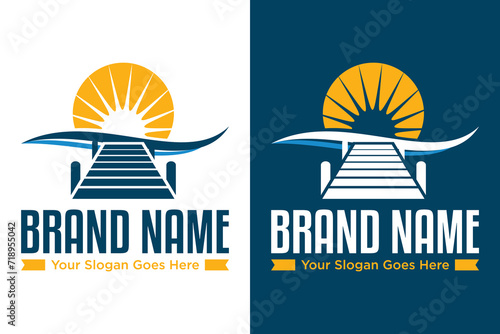 Beach Pier Sunset illustration vector logo design